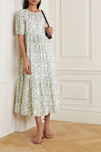 Shop Apiece Apart Simone Tiered Floral-print Organic Cotton Midi Dress In White