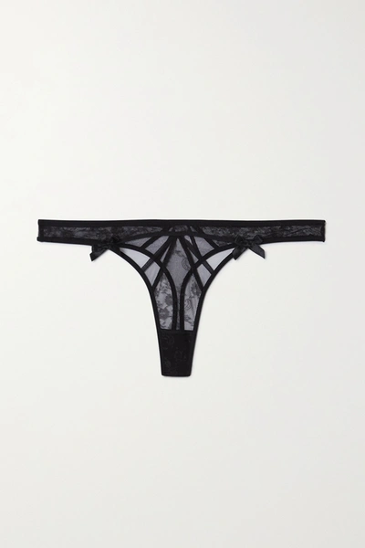 Shop Agent Provocateur Iza Bow-embellished Lace And Tulle Thong In Black