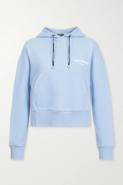 Shop Balmain Cropped Flocked Cotton-jersey Hoodie In Light Blue