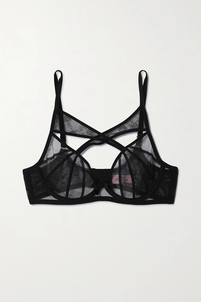 Shop Agent Provocateur Iza Bow-embellished Underwired Lace And Tulle Bra In Black