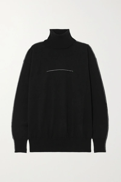 Shop Mm6 Maison Margiela Embroidered Cotton And Cashmere-blend Turtleneck Sweater In Black