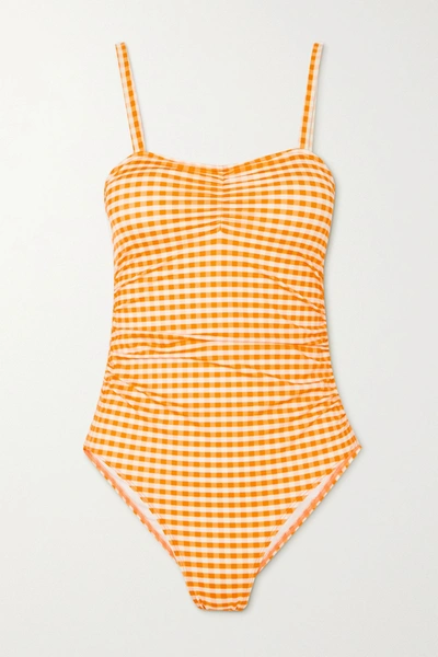 Shop Peony + Net Sustain Ruched Gingham Swimsuit In Orange