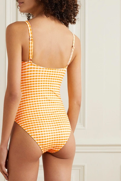 Shop Peony + Net Sustain Ruched Gingham Swimsuit In Orange