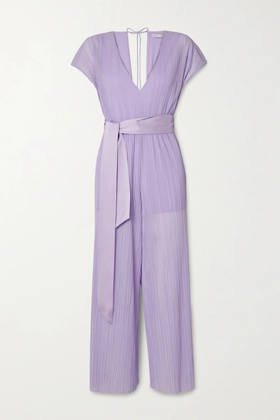 Shop Alice And Olivia Mitsue Belted Plissé-voile Jumpsuit In Lavender