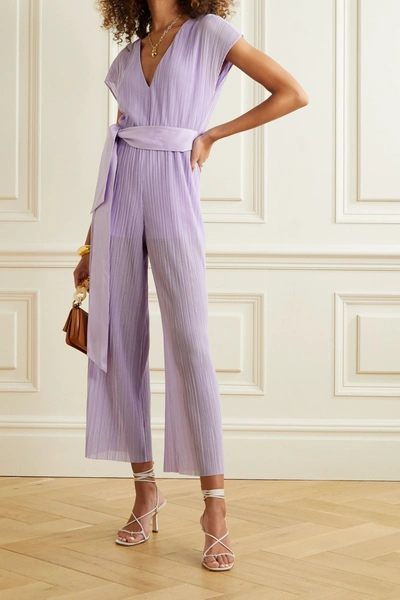 Shop Alice And Olivia Mitsue Belted Plissé-voile Jumpsuit In Lavender