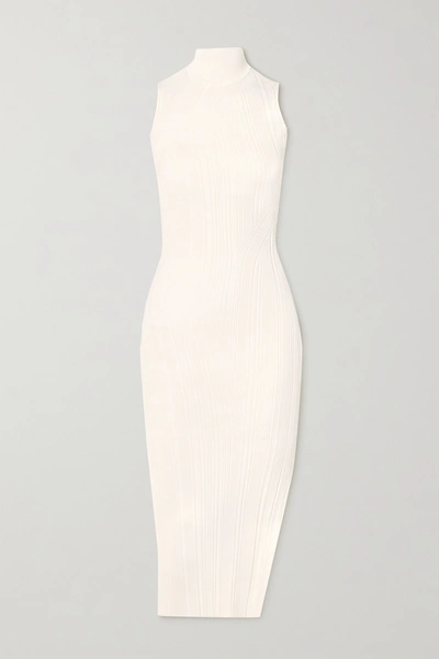 Shop Herve Leger Ribbed-knit Turtleneck Midi Dress In White