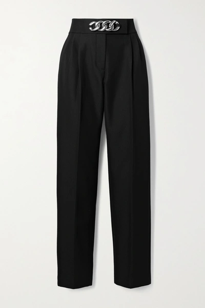 Shop Alexander Wang Chain-embellished Pleated Wool-blend Twill Straight-leg Pants In Black