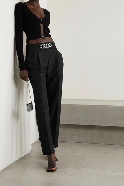 Shop Alexander Wang Chain-embellished Pleated Wool-blend Twill Straight-leg Pants In Black