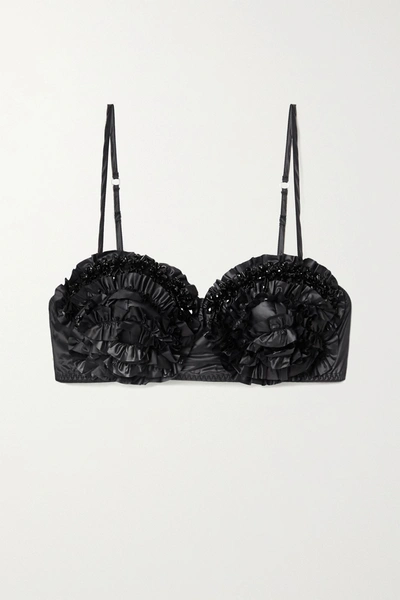 Shop Moncler Genius + 4 Simone Rocha Ruffled Embellished Shell Down And Mesh Bralette In Black