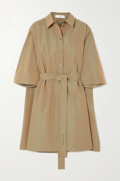 Shop Givenchy Cape-effect Belted Cotton-poplin Mini Shirt Dress In Army Green