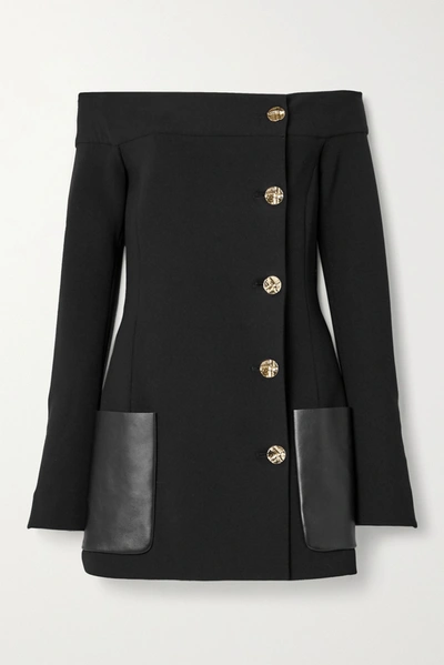 Shop Proenza Schouler Off-the-shoulder Leather-trimmed Wool-blend Crepe Jacket In Black