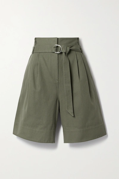 Shop Tibi Jenson Belted Pleated Cotton-twill Shorts In Army Green