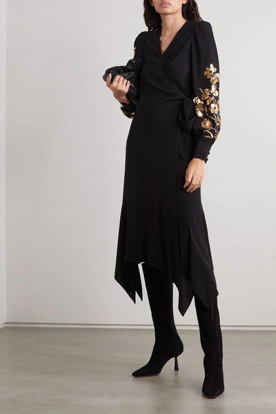 Shop Tory Burch Asymmetric Embellished Embroidered Crepe Wrap Dress In Black