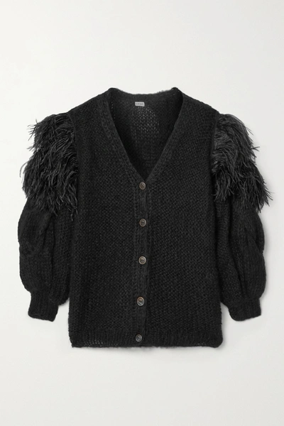 Shop Loewe Oversized Feather-trimmed Cable-knit Mohair-blend Cardigan In Black