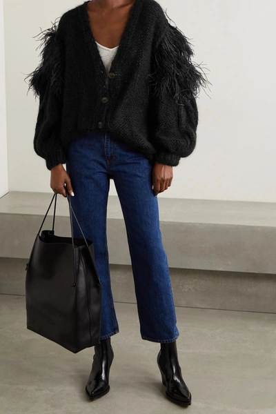 Shop Loewe Oversized Feather-trimmed Cable-knit Mohair-blend Cardigan In Black