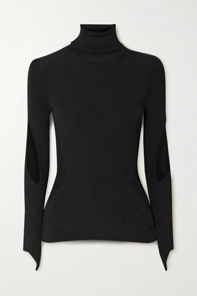Shop Mugler Cutout Ribbed-knit Turtleneck Sweater In Black