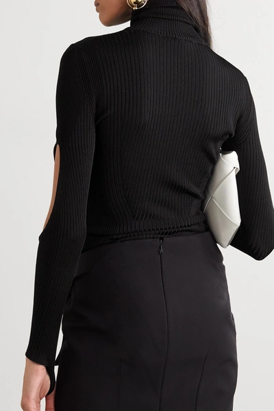 Shop Mugler Cutout Ribbed-knit Turtleneck Sweater In Black