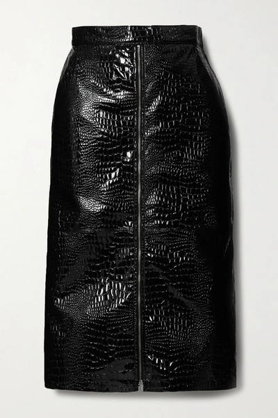 Shop Pushbutton Croc-effect Faux Patent-leather Midi Skirt In Black