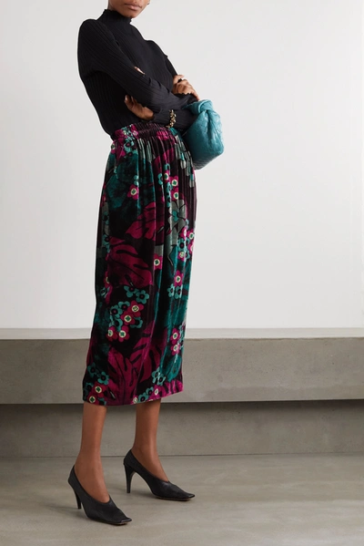Shop Dries Van Noten Floral-print Velvet Midi Skirt In Fuchsia