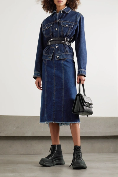 Shop Alexander Mcqueen Frayed Denim Midi Skirt In Blue