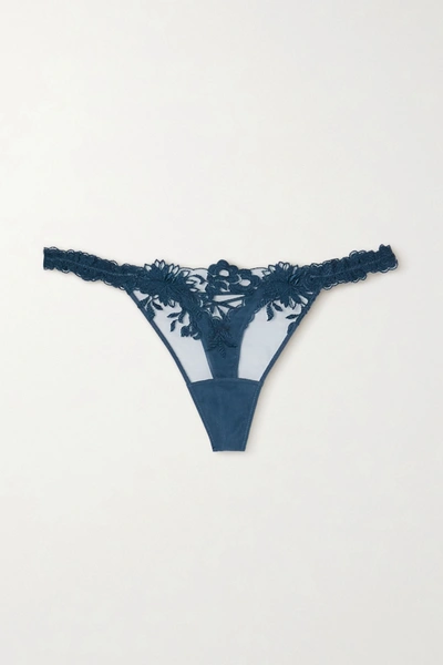 Shop La Perla Zephyr Embroidered Stretch-tulle Thong In Blue