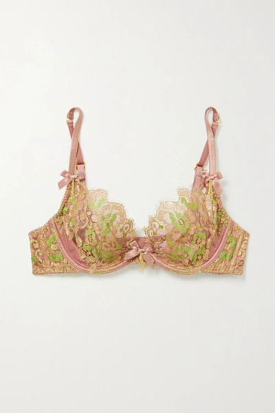 Shop Agent Provocateur Biju Metallic Leavers Lace And Silk-blend Satin Underwired Bra In Antique Rose