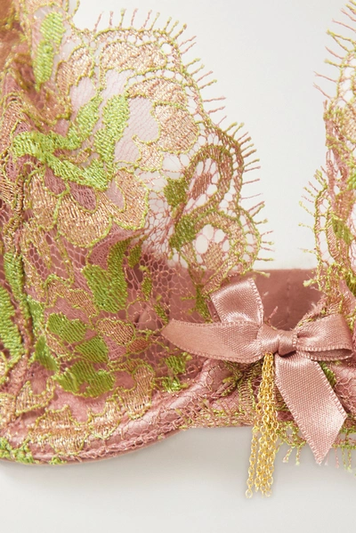 Shop Agent Provocateur Biju Metallic Leavers Lace And Silk-blend Satin Underwired Bra In Antique Rose