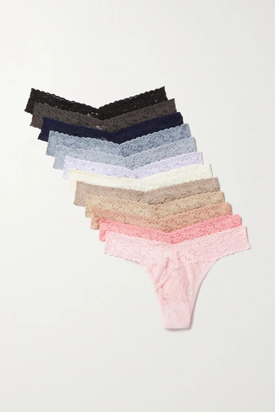 Shop Hanky Panky + Stoney Clover Lane + Net Sustain Signature Set Of 12 Stretch-lace Thongs In Pink