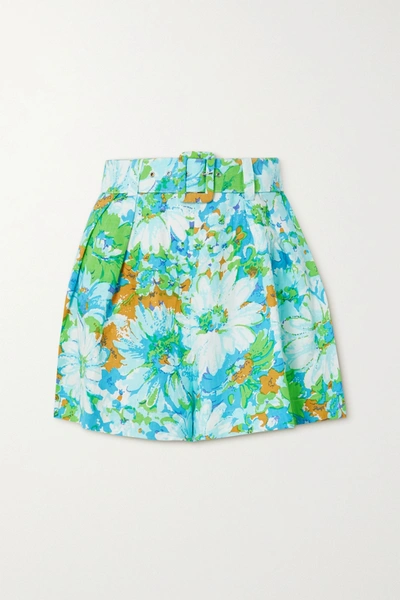 Shop Faithfull The Brand + Net Sustain Priscilla Belted Floral-print Linen Shorts In Blue