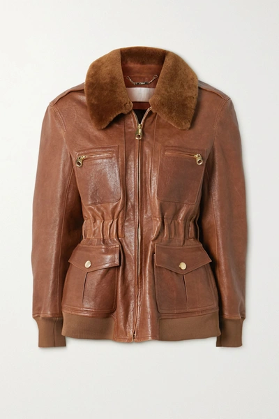 Shop Chloé Faux Fur-trimmed Leather Jacket In Brown