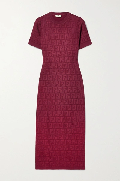 Shop Fendi Cotton-blend Jacquard Midi Dress In Claret