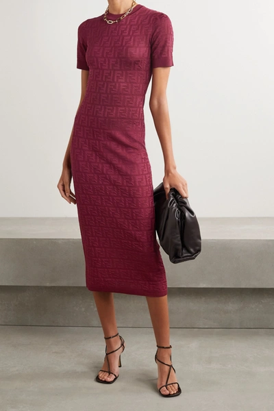 Shop Fendi Cotton-blend Jacquard Midi Dress In Claret