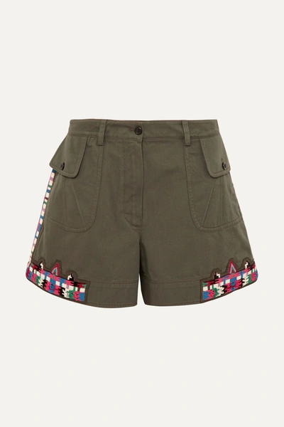 Shop Valentino Embellished Cotton-twill Shorts In Army Green