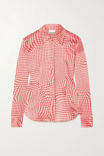 Shop Ganni Houndstooth Silk-blend Satin Shirt In Red