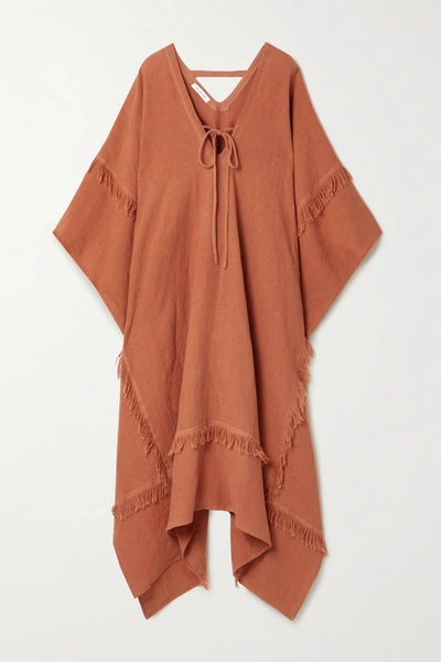 Shop Fil De Vie Zadie Oversized Fringed Linen Kaftan In Brick