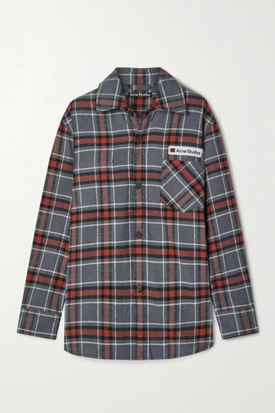 Shop Acne Studios Oversized Appliquéd Checked Cotton-flannel Shirt In Gray