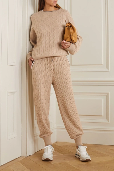 Shop Brunello Cucinelli Bead-embellished Cable-knit Cashmere Track Pants In Beige