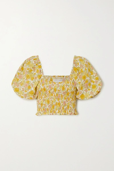 Shop Faithfull The Brand + Net Sustain Robina Cropped Shirred Floral-print Linen Top In Yellow