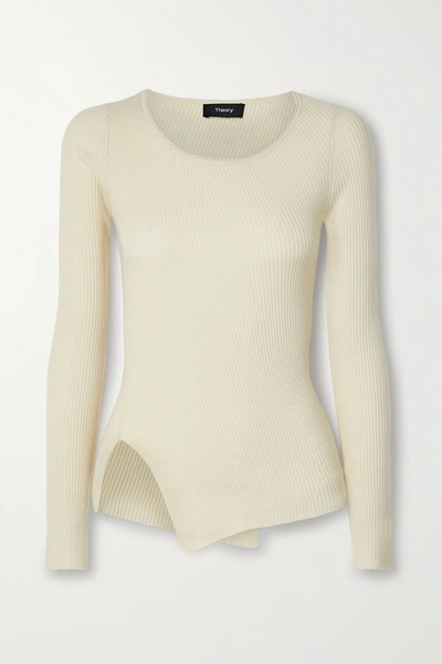 Shop Theory Asymmetric Ribbed Wool-blend Sweater In Ecru
