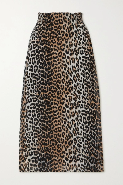 Shop Ganni Leopard-print Georgette Midi Skirt In Leopard Print