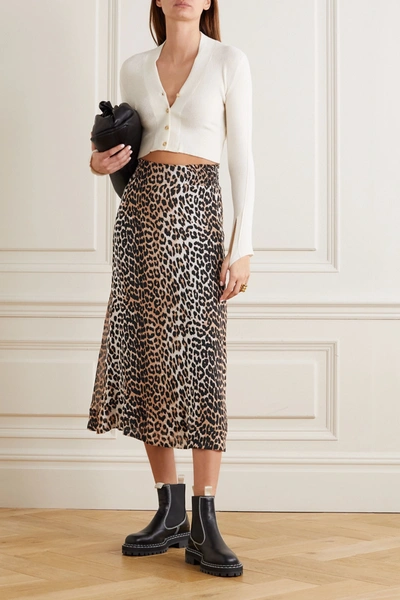 Shop Ganni Leopard-print Georgette Midi Skirt In Leopard Print