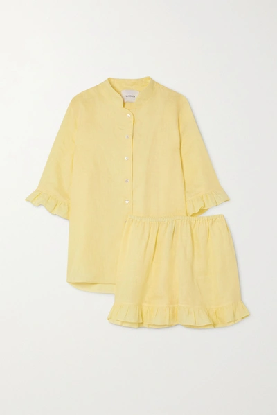 Shop Sleeper Ruffled Linen Pajama Set In Yellow