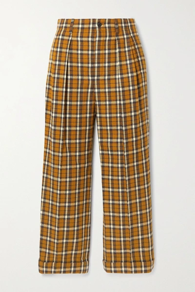 Shop Saint Laurent Cropped Pleated Checked Wool Straight-leg Pants In Brown
