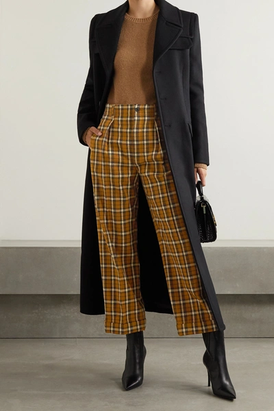 Shop Saint Laurent Cropped Pleated Checked Wool Straight-leg Pants In Brown