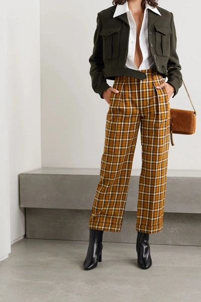 Shop Saint Laurent Cropped Pleated Checked Wool Straight-leg Pants In Brown