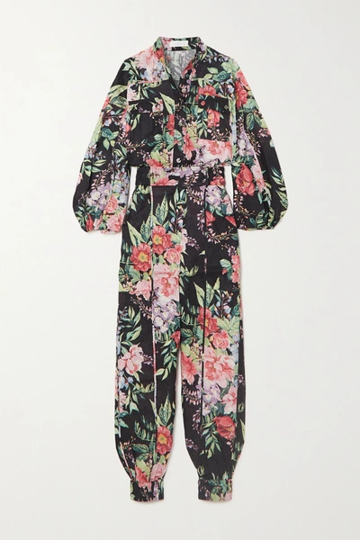 Shop Zimmermann Bellitude Floral-print Linen Jumpsuit In Blue