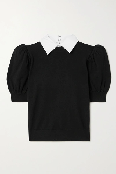 Shop Alice And Olivia Chase Poplin-trimmed Stretch-wool Sweater In Black