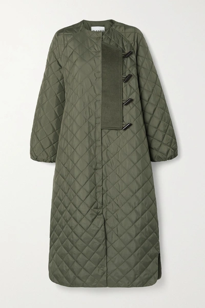 Shop Ganni Felt-trimmed Quilted Ripstop Coat In Army Green