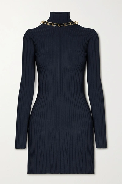 Shop Dion Lee Chain-embellished Open-back Ribbed-knit Mini Dress In Midnight Blue