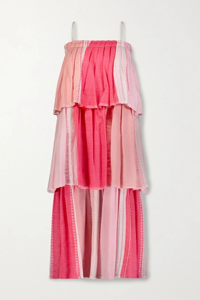 Shop Lemlem Eshal Tiered Embroidered Cotton-blend Gauze Maxi Dress In Pink